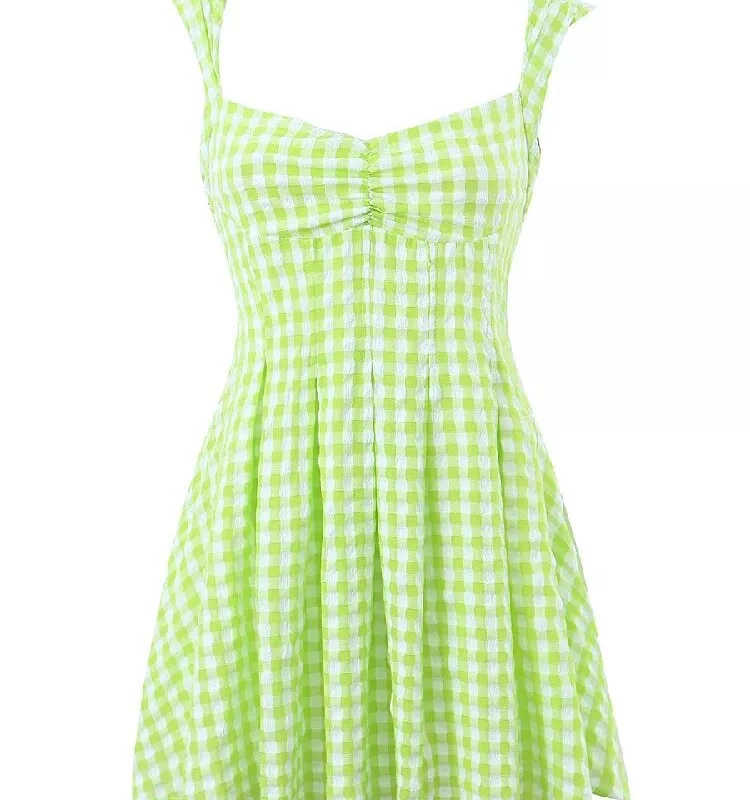 Lime green plaid waist cinching suspender dress
