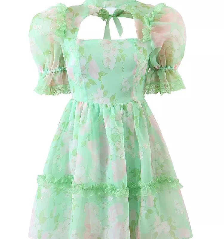 Mint green floral bubble sleeve neck hanging dress